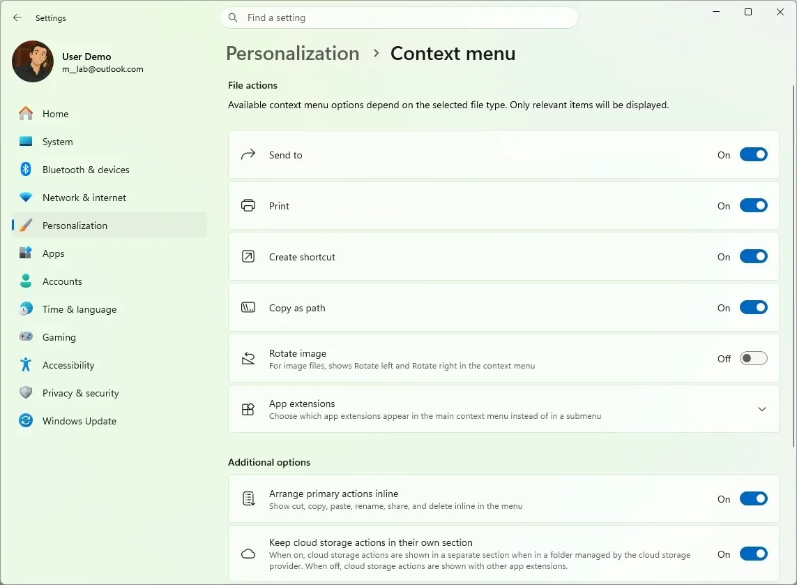 Context menu customization