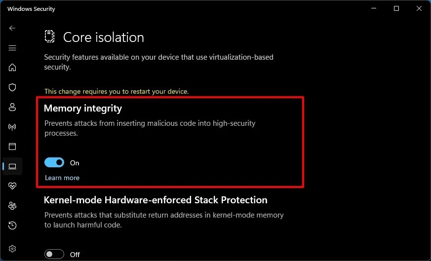 Memory integrity enabled