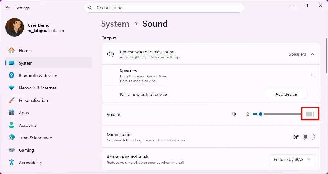 Sound settings volume indicator