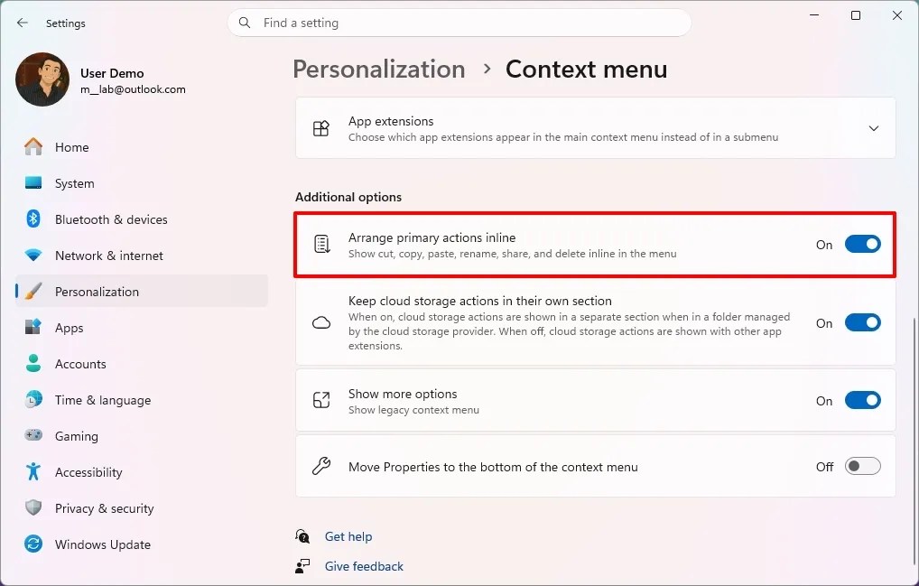 Context menu additional options