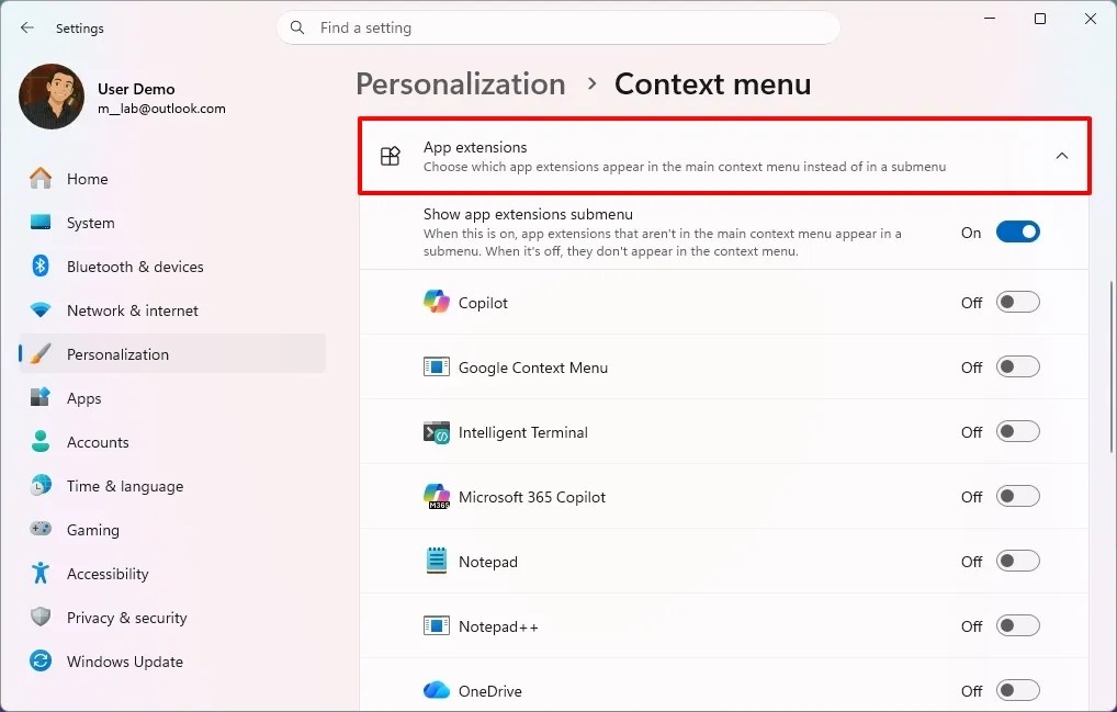 Context menu app extensions
