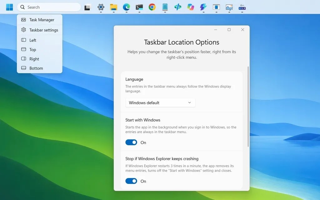 Taskbar position options in context menu