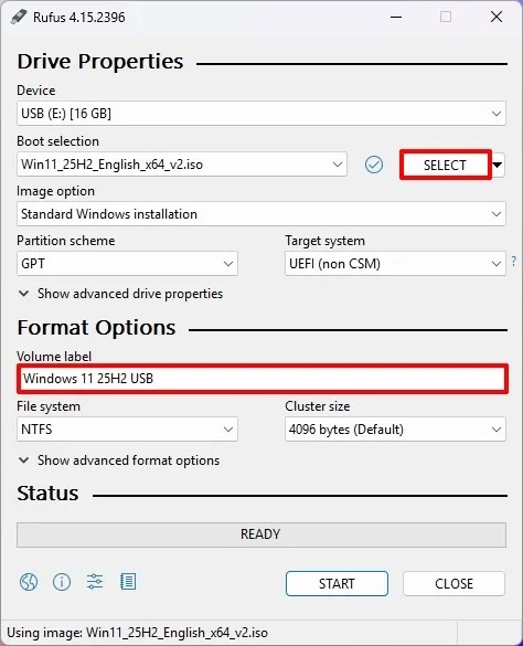 Rufus create Windows 11 USB