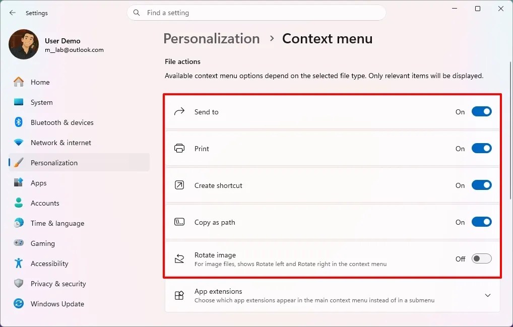 Context menu file actions