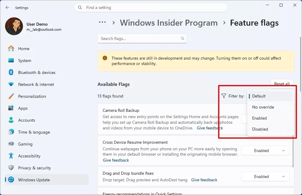 Feature Flags new filter option