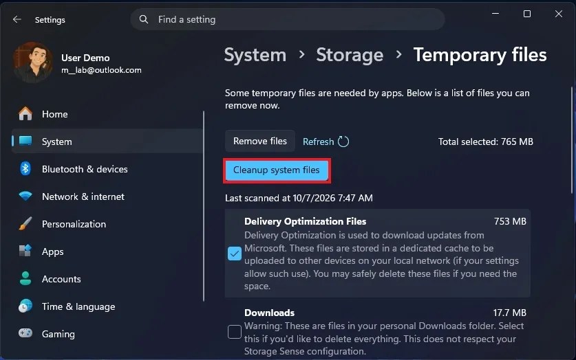 Cleanup system files option