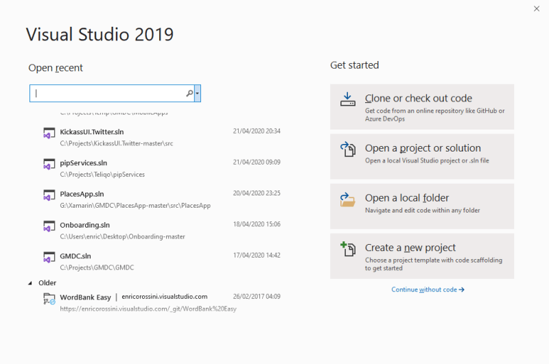 Visual Studio 2019 Start page