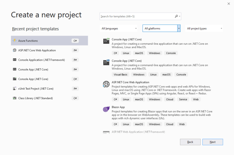 Visual Studio 2019 - Create a new project