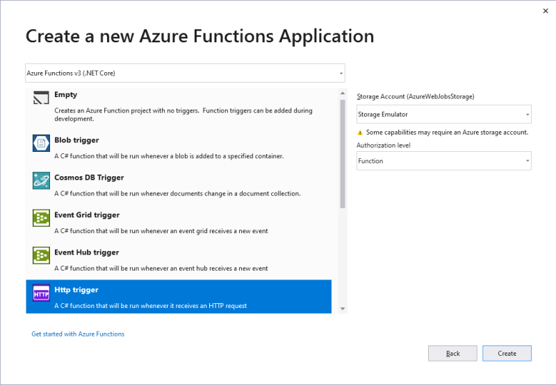 Visual Studio 2019: create a new Azure Functions Application