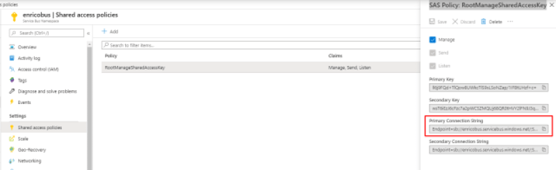 Azure Service Bus: SAS Policy: RootManageSharedAccessKey