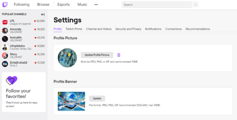 Twitch settings