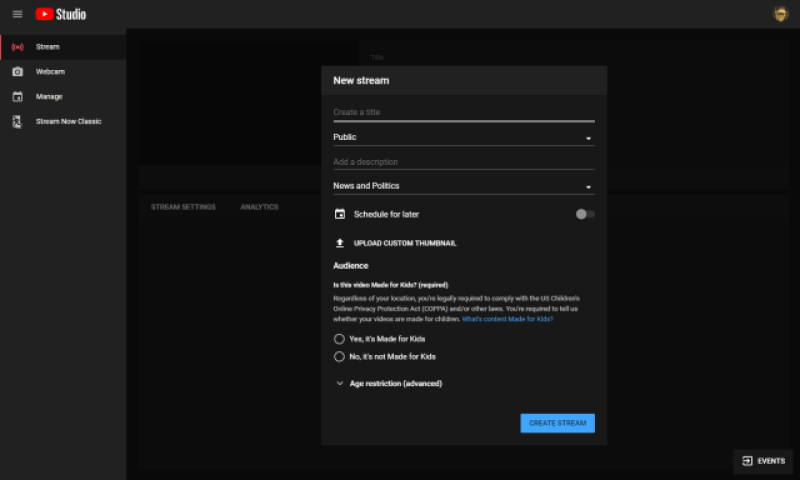 YouTube Stream settings