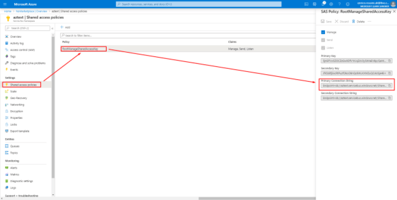 Copy the connection string for the Service Bus