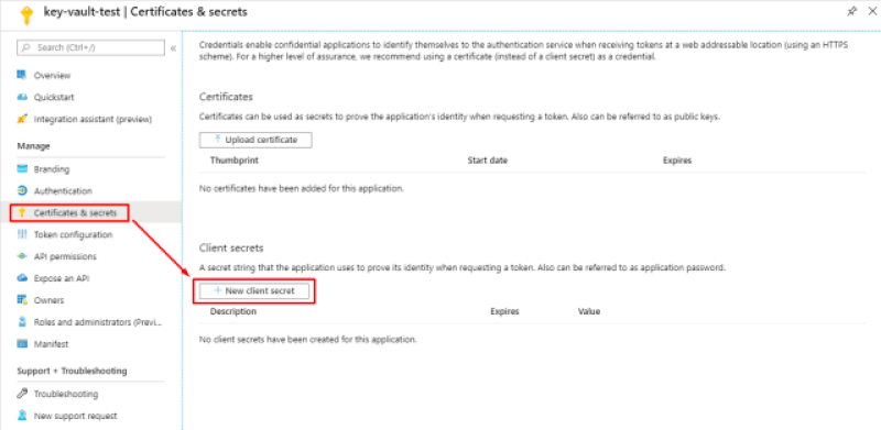Certificates & secrets for the application
