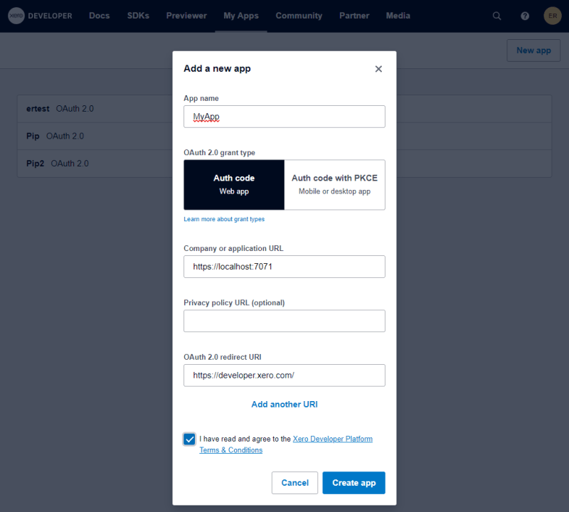 Xero Developer Portal - Add a new app