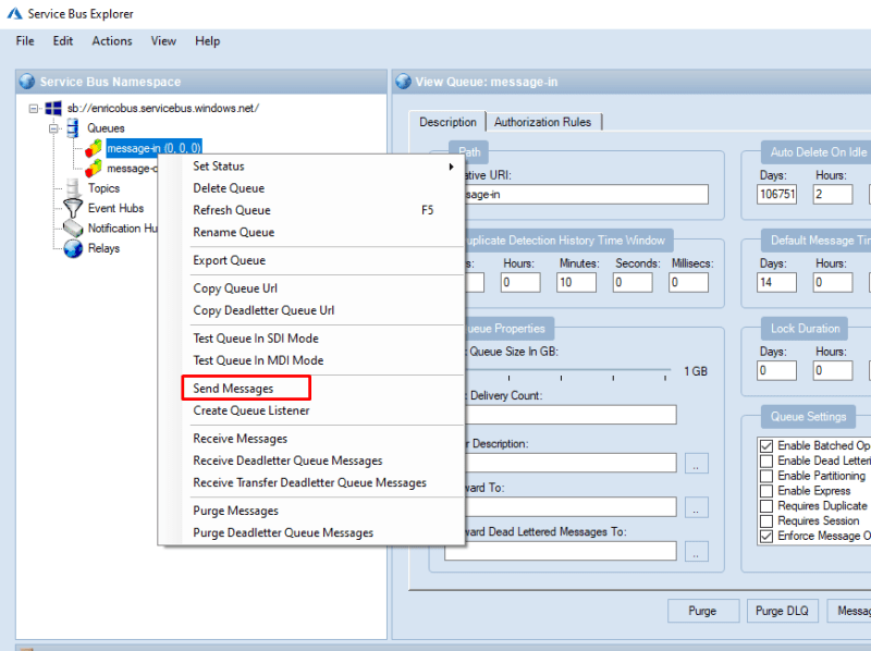 Send Messages with Service Bus Explorer