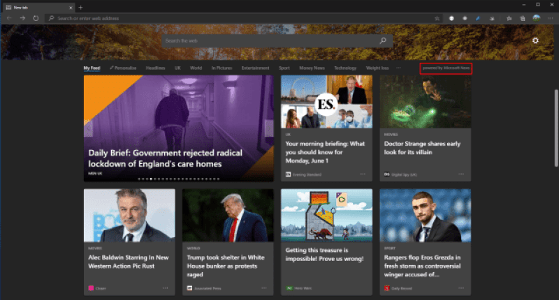 Microsoft Edge with a new tab powered by Microsoft Edge