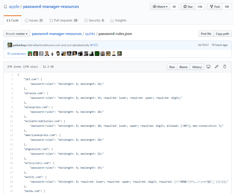 List of password selection rules - Apple on GitHub