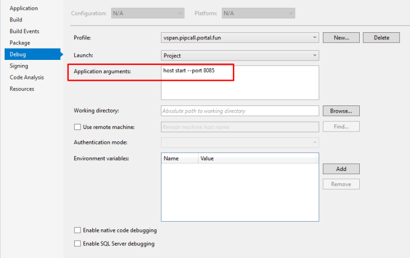 Application arguments in the project property