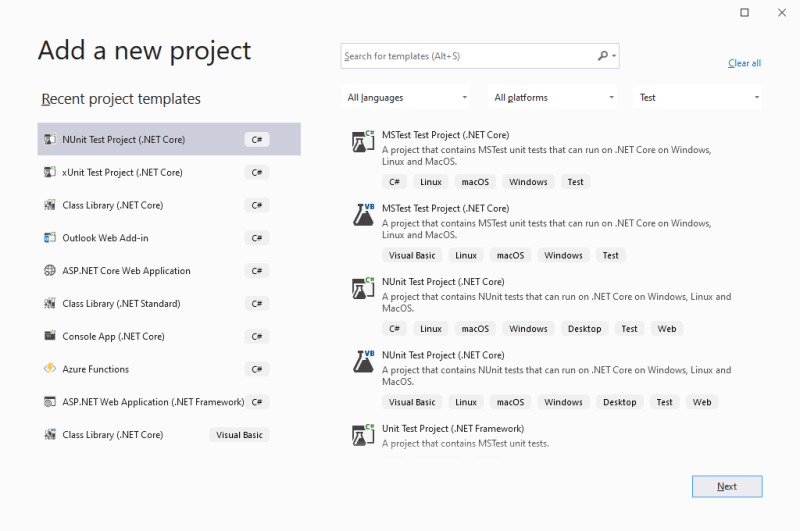Visual Studio - Add new project - Test project
