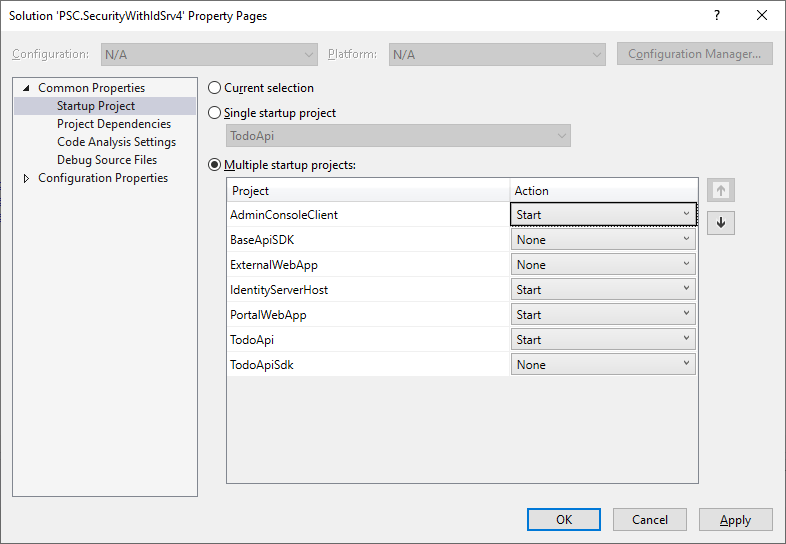 Multiple startup projects for security with Identity Server 4