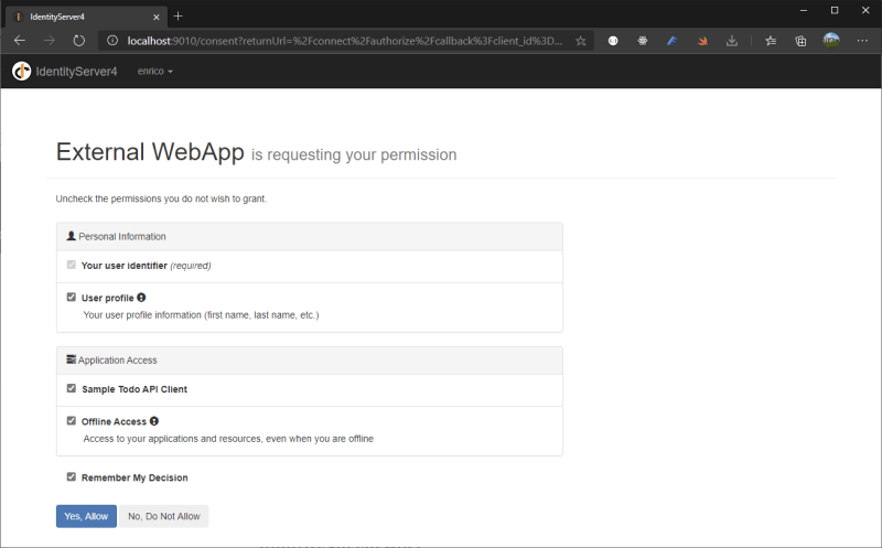 External application for security workflow with Identity Server 4: consent screen