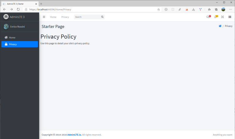 Final version of the project template with active links, breadcrumbs and Gravatar