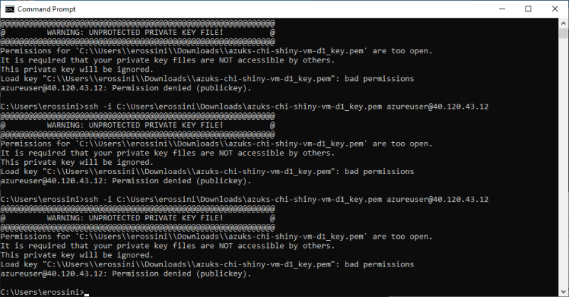 Command Prompt with bad permission error for opening a SSH connection - Deploy ShinyApps with Azure and Docker