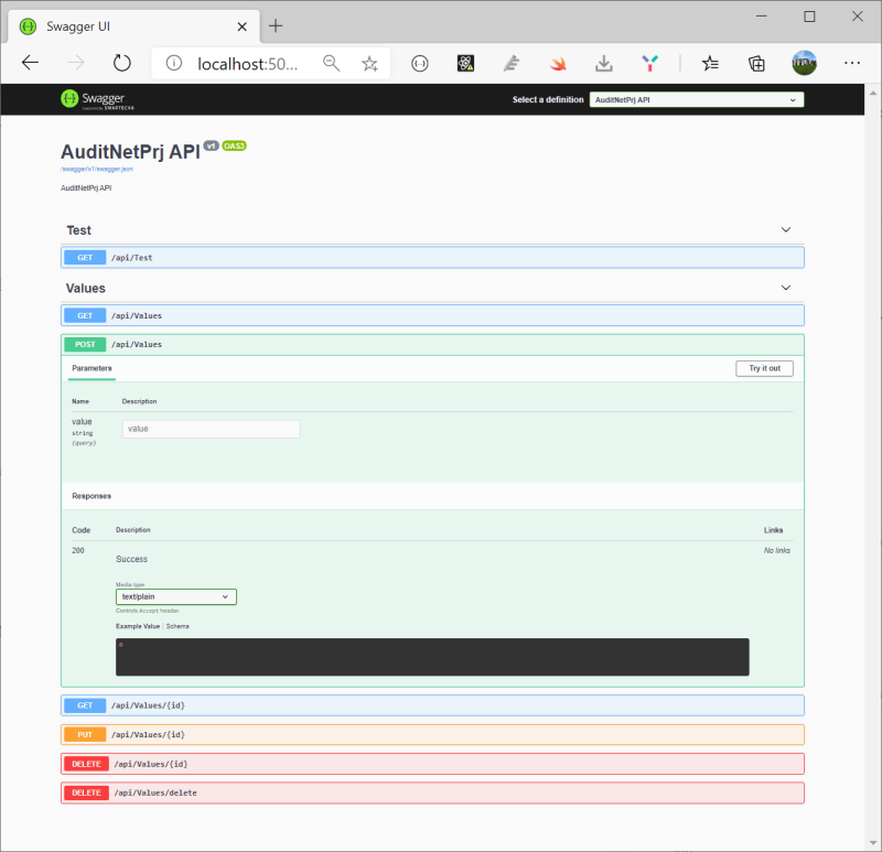 Audit.NET template Swagger page