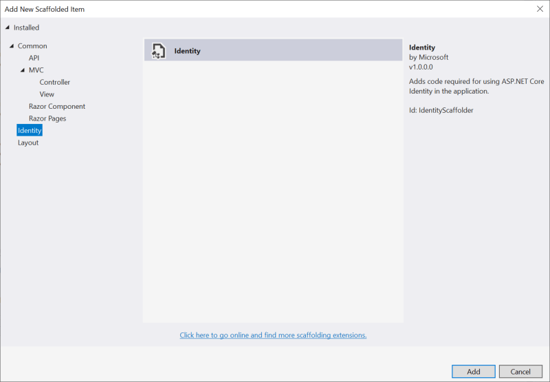 Select Identity in Visual Studio 2019 - Integration with Identity in AdminLTE project
