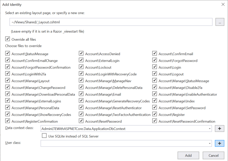 Add Identity in Visual Studio 2019 - Integration with Identity in AdminLTE project