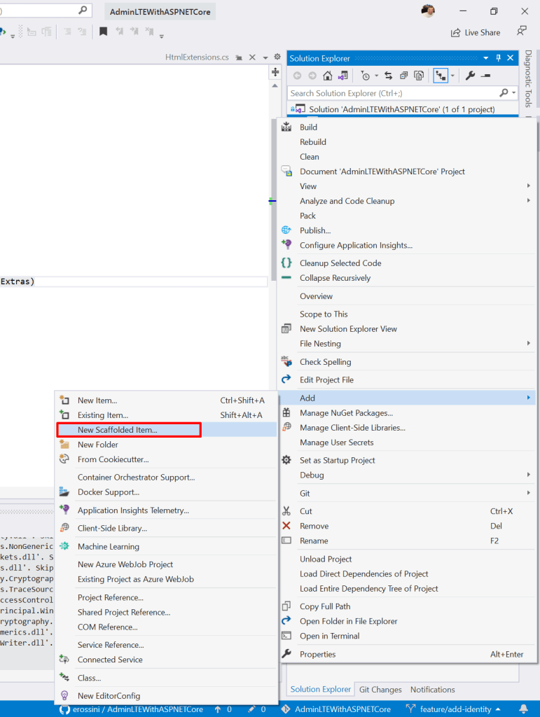 Select "New Scaffolded Item..." in Visual Studio 2019 - Integration with Identity in AdminLTE project