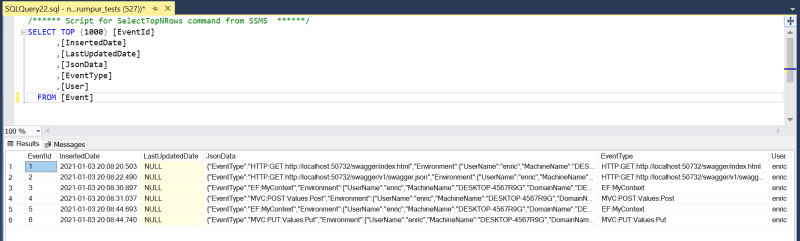 Audit.NET in action: logs in the SQL Server table as JSON