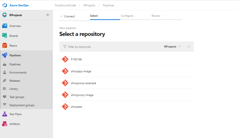 Azure DevOps - Pipeline: select repository - Deploy ShinyApps with Azure and Docker
