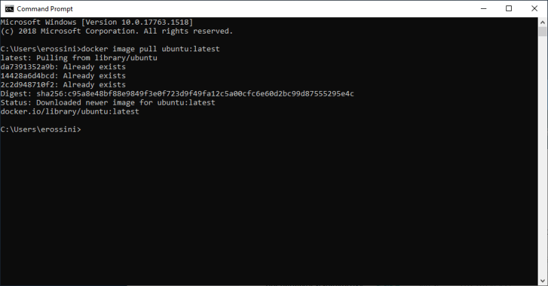 Command Prompt pulls an Ubuntu Docker image Command Prompt pulls an Ubuntu Docker image