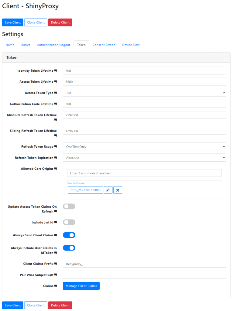 Token configuration in IdentityServer - Authentication in ShinyProxy with IdentityServer