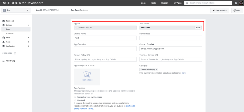 Facebook Developers: project dashboard - External providers in AdminLTE project