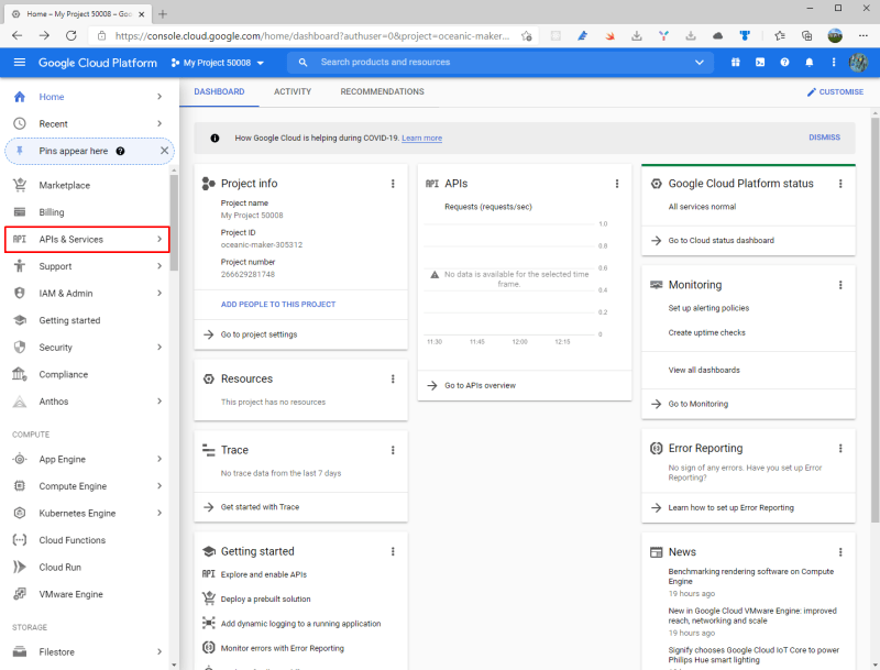 Project dashboard on Google Developer Console - External providers in AdminLTE project
