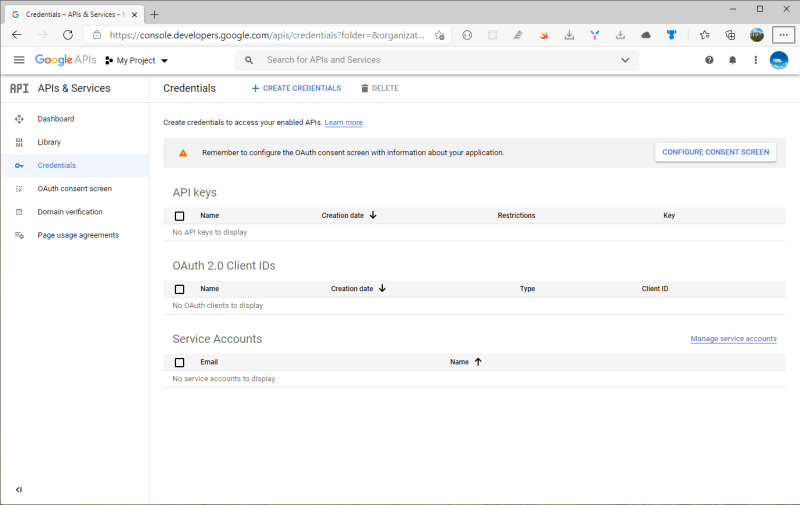 Console Developer Google website - APIs & Services