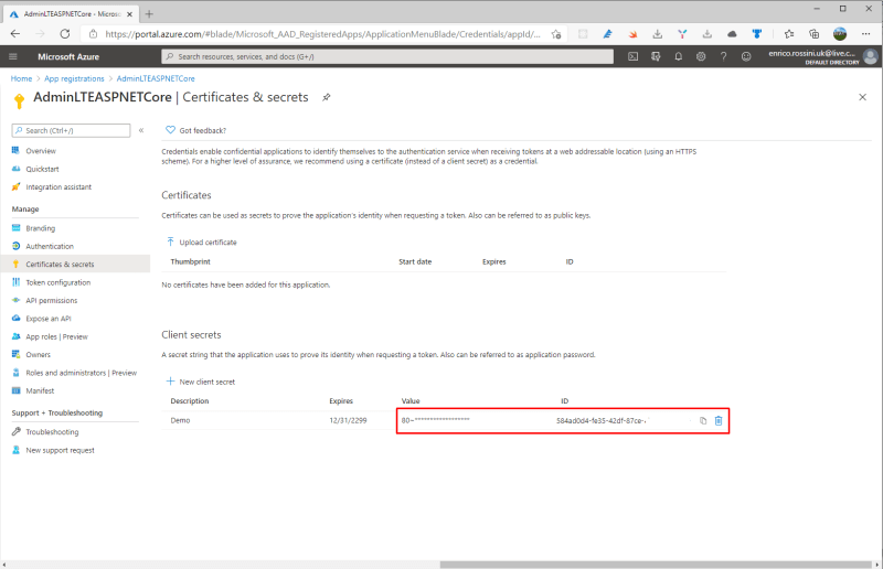 Client secret in Certificate & Secret on Azure