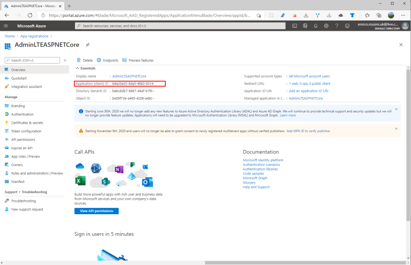 App registration dashboard on Azure