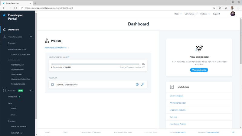 Twitter Developer Portal - Home page