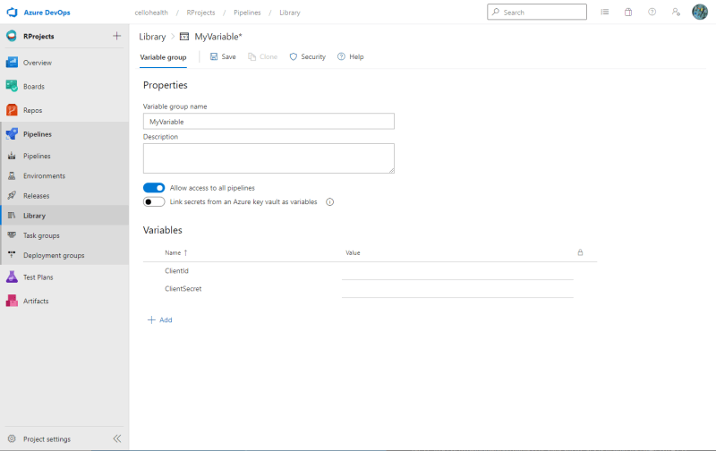 Create new library in Azure DevOps - Customize your pipeline in Azure DevOps