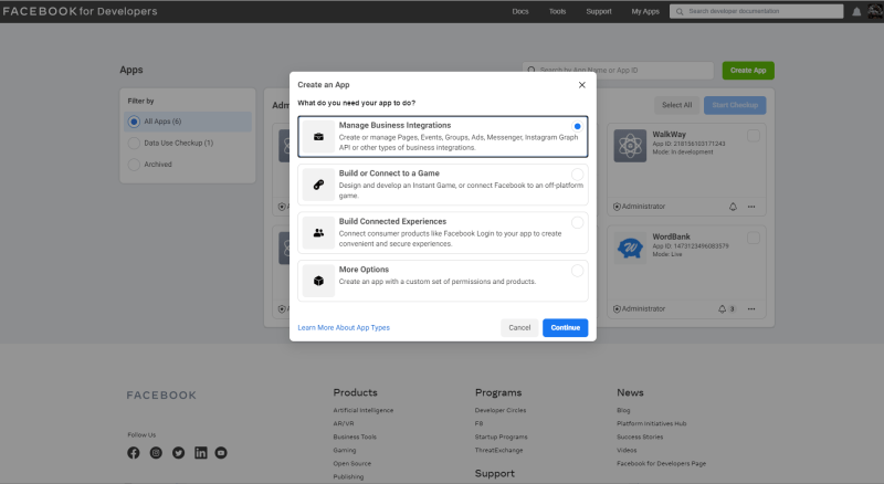 Facebook Developers: what do you need your app to do? - External providers in AdminLTE project