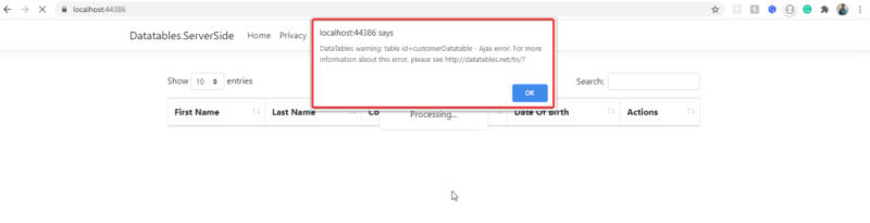 ajax error Datatable in ASP.NET Core - ServerSide Processing