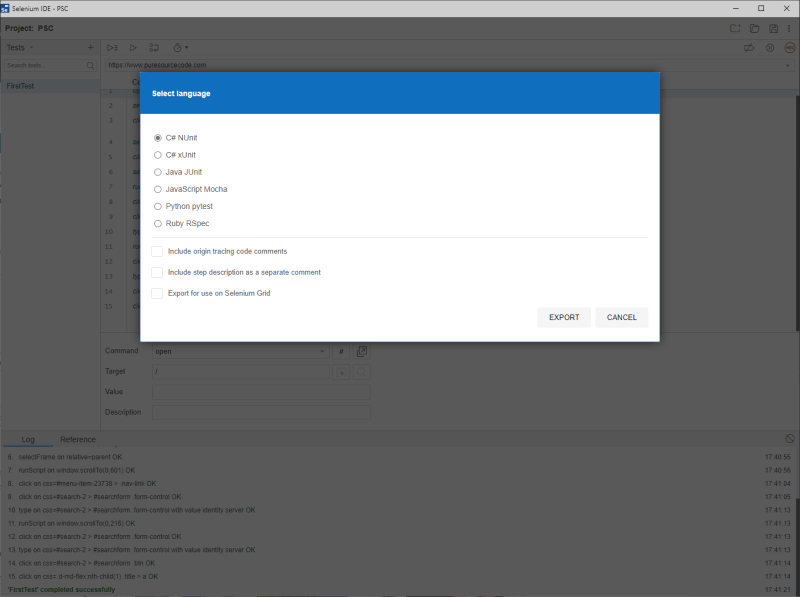Selenium IDE exports test