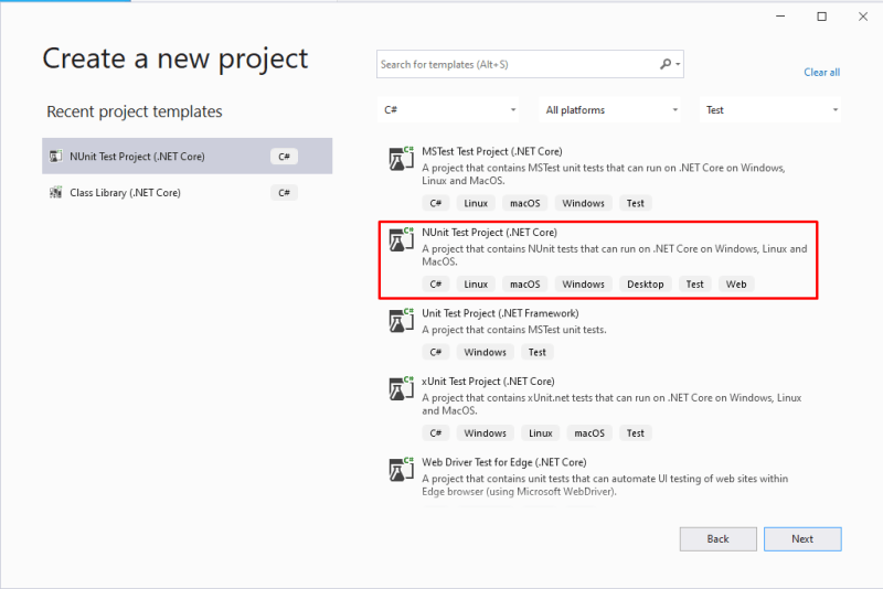 Create a NUnit project with Visual Studio 2019