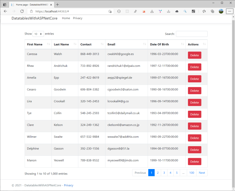 Final screenshot - Datatables in ASP.NET Core Server-Side