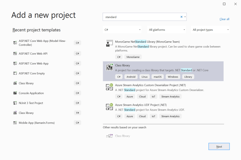 Add a new project in Visual Studio 2019 as .NET Standard - Setting up the application ASP.NET Core