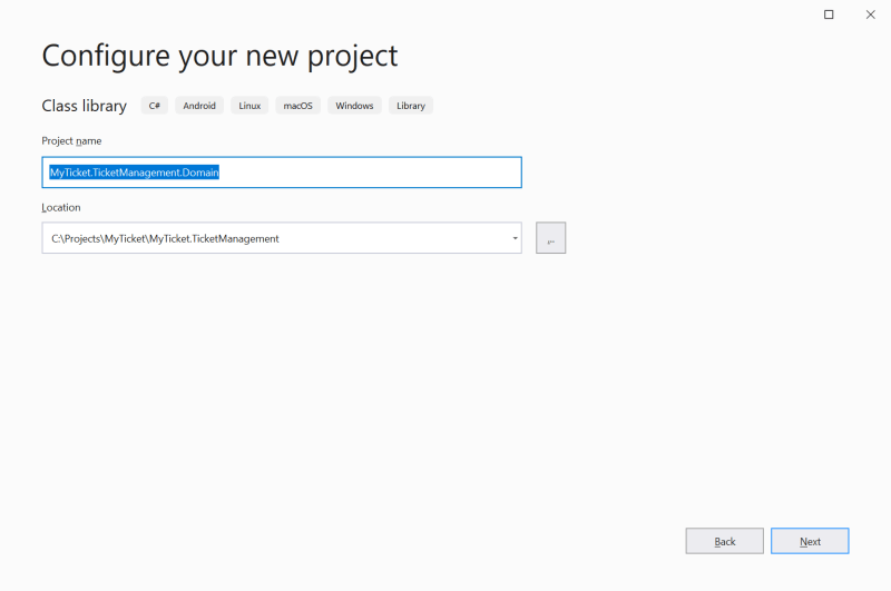 Named the project and check the location - Setting up the application ASP.NET Core